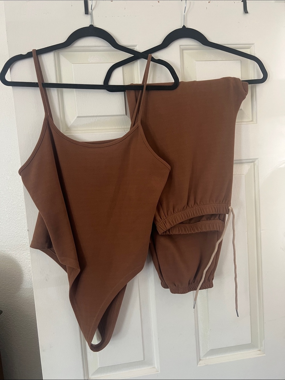 Women’s Brown Spaghetti Strap Bodysuit and Jogger Set